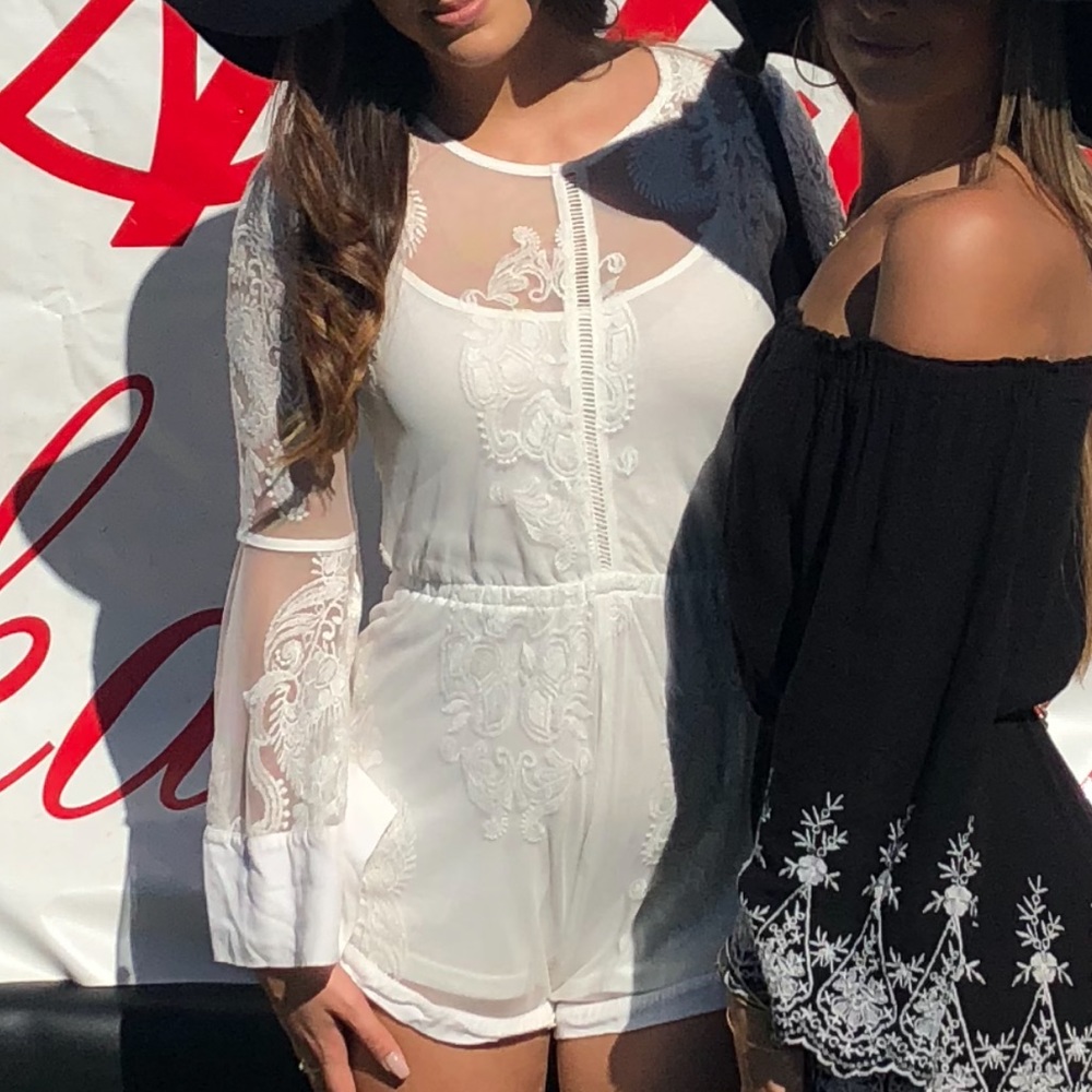 MINKPINK WHITE LACE LONG BELL SLEEVE ROMPER